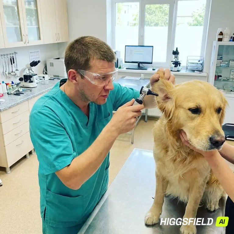 Ветеринар осматривает ухо собаки
